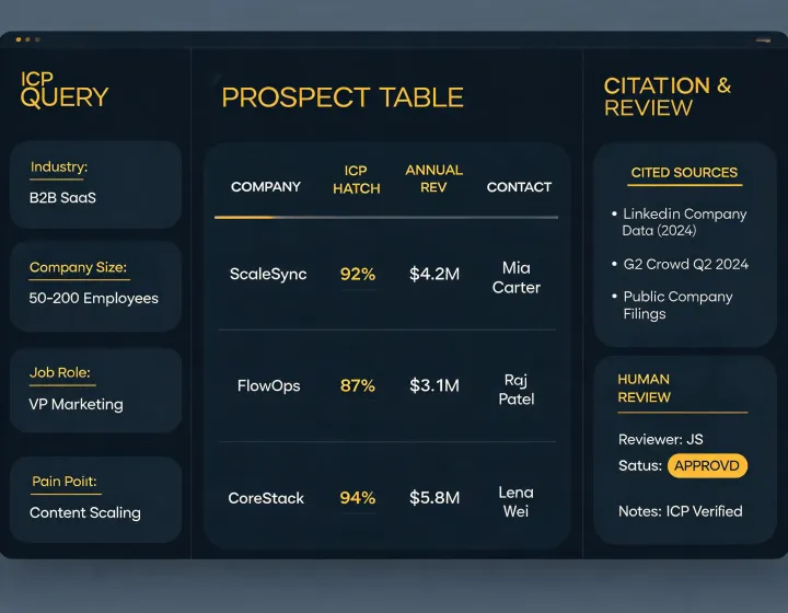 AI agent prospecting research interface with evidence columns